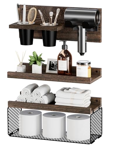Puricon Floating Bathroom Shelves with Hair Dryer Holder, 3-Tier Rustic