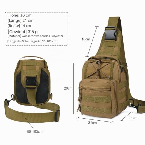 flintronic Taktische Sling Rucksack,Brusttasche mit Verstellbarem, Militär Schultertasche,Umhängetasche,Rucksack Schultertasche mit Karabiner für Outdoor Sport Camping Wandern - Khaki