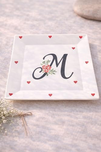 SODEF Serving Plate Personalized Initial 9-Inch Ceramic Breakfast & Serving Dish, Giftable Red - Red, One Size