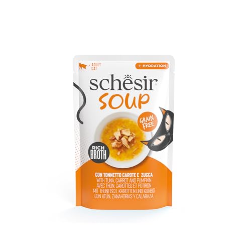 Schesir, Sopa con Filetes de Atún con Zanahorias y Calabaza, Cibo Húmedo Complementario para Gatos, en Bolsas, Receta Original, 100% Natural, 12 x 40g