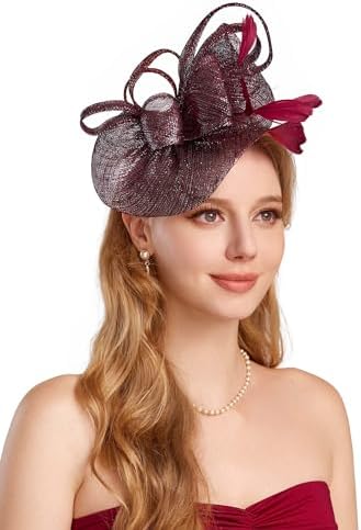 BABEYOND Women's Pillbox Fascinator Hat Kentucky Derby Hat Feather Fascinator Headband Tea Party Fascinator Hat for Cocktail (Wine Red)
