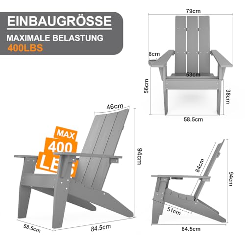 Adirondack Stuhl für Outdoor Garten: Übergröße Adirondack Chair Kunststoff HIPS Allwetter mit Getränkehalter - Modern Adirondack Gartensessel Wetterfest für Balkon/Terrasse/Beach/Feuerstelle (Grau)
