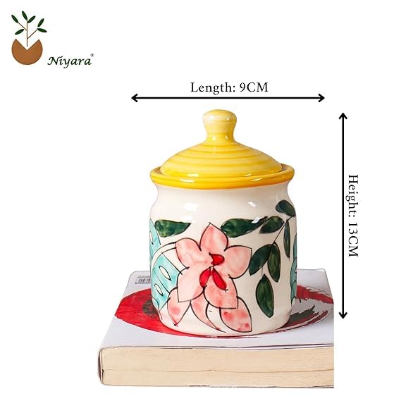 Image of Niyara Handcrafted Ceramic Pickle Jar Set, Premium Metal Tray & Lids - Multipurpose Storage for Pickles, Chutneys, Spices & Condiments (Flower, Set of 4)