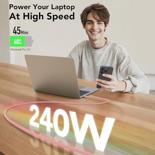 Image of MFish 240W USB-C to USB-C Cable (PD 3.1 EPR), 480Mbps Speed, Fast Charging Type C Cable for MacBook Pro /Air, iPhone 17 /16 Pro, Galaxy S25 /S24, Laptops, iPad, Durable Silicone, 6FT Pink