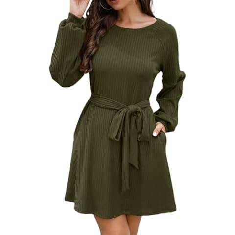 WISFRUIT Women Long Lantern Sleeve Knit Tunic Dress Flowy Solid Color Pullover Sweater Short Dress with Belt(Z-Army Green,L) Cover