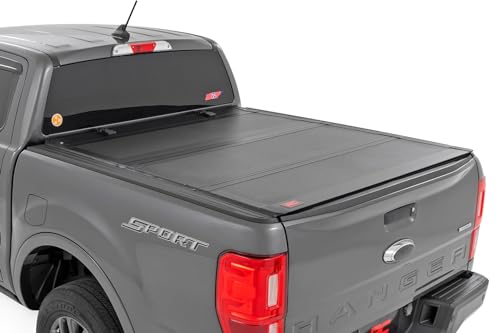 Image of Rough Country Hard Flip Up Truck Bed Cover for Ford Ranger (2019-2023) - Fits 5' (61 inch) Bed, Weather-Resistant, Tri-Fold Aluminum Panels