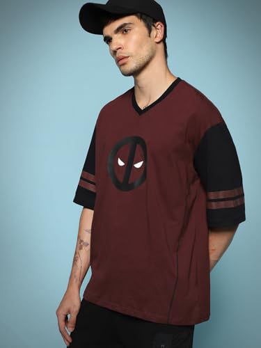 Image of Bewakoof X Marvel Deadpool Men's 100% Cotton Graphic Print Oversized Fit Half Sleeve Round Neck T-Shirt | Casual Wear | Street Wear | Oversized t Shirt for Men Cotton | Baggy