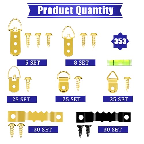 Image of 353PCS Golden Picture Hanging Kit,Picture Hangers Heavy Duty Picture Hanging Hooks with Screws,Picture Frame Hooks Heavy Duty Picture Framing Supplies Kit for Picture Hanging(7 Types)