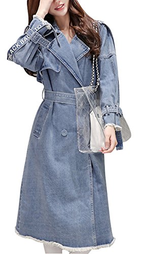Gihuo Women's Mid Long Lapel Denim Jacket Single Breasted Belted Trench Coat (M, Light Blue)