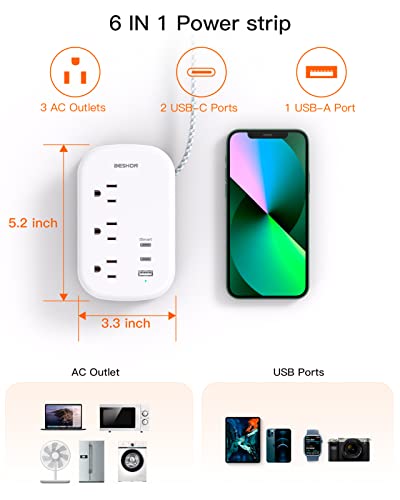 Flat Plug Power Strip, Usb C Travel Power Strip Ultra Flat Extension Cord - 3 Outlets With 3 Usb Ports(2 Usb C), 3.2Ft Wrapped Around Extension Cord For Cruise Ship, Travel, Dorm Room Essentials #TOP2