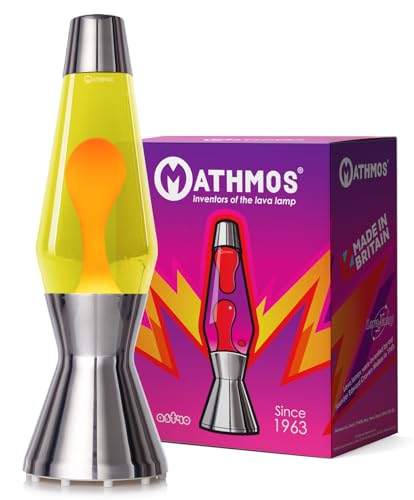 MATHMOS Lampe à lave Astro Argent | Inventeurs britanniques du classique du design de 1963 | Lampe à lave Jaune/Orange fabriquée à la main en Grande-Bretagne selon des normes de sécurité strictes