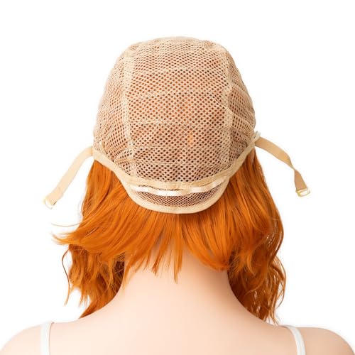 Image of Rose bud Wavy Bob Wig with Bangs Natural Orange Wig Synthetic Hair Shoulder Length Short Curly Wigs for Women