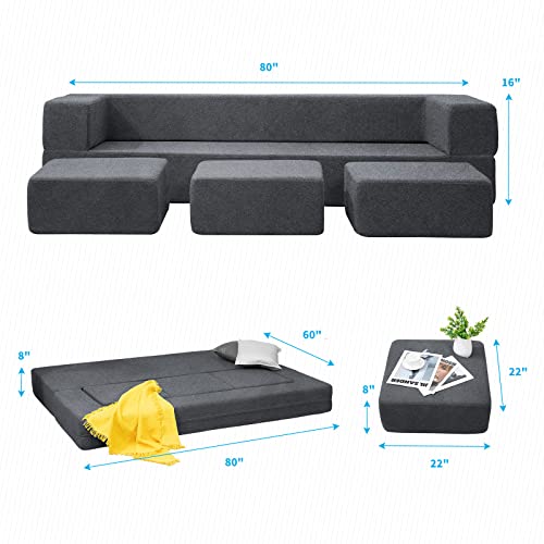 Mjkone Queen Convertible Velvet Futon Sofa Bed With 3 Ottomans,Memory Foam Pull Out Couch,Foldable Mattress Floor Sofa,Fold Out Couch Sleeper Sofa,Dark Grey #TOP2