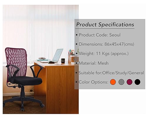 Image of Office Arm Chair with Metallic Frame, Mesh Back, Nylon Base, and Adjustable Handle, Cushion Fabric (Purple)