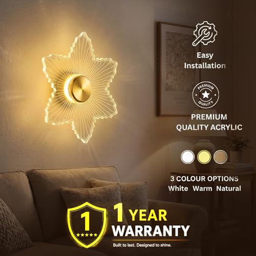 Image of Lampmaster Zyra StarLeaf LED Wall Light | 23cm Acrylic Decorative Lamp | 3 Color Changing | Energy-Efficient | Modern Wall & Ceiling Light for Living Room, Bedroom, Hallway | Gold | 1 Year Warranty