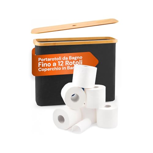 Avilia - Porta Carta Igienica in Tessuto Nero con Coperchio in Bambù Naturale, Design Elegante e Compatto per Accessori Bagno, Facile da Spostare e da Pulire, Capienza fino a 12 Rotoli