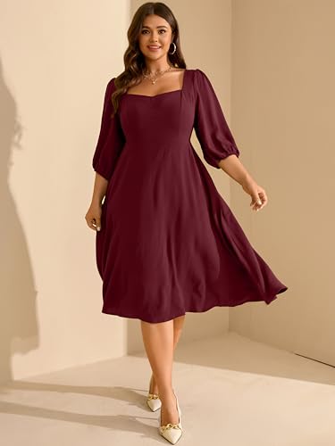 Image of RWJ Plus Size Dress for Women Fall 3 /4 Sleeve Sweetheart Neck Aline Casual Wedding Guest Formal Midi Dresses with Pockets