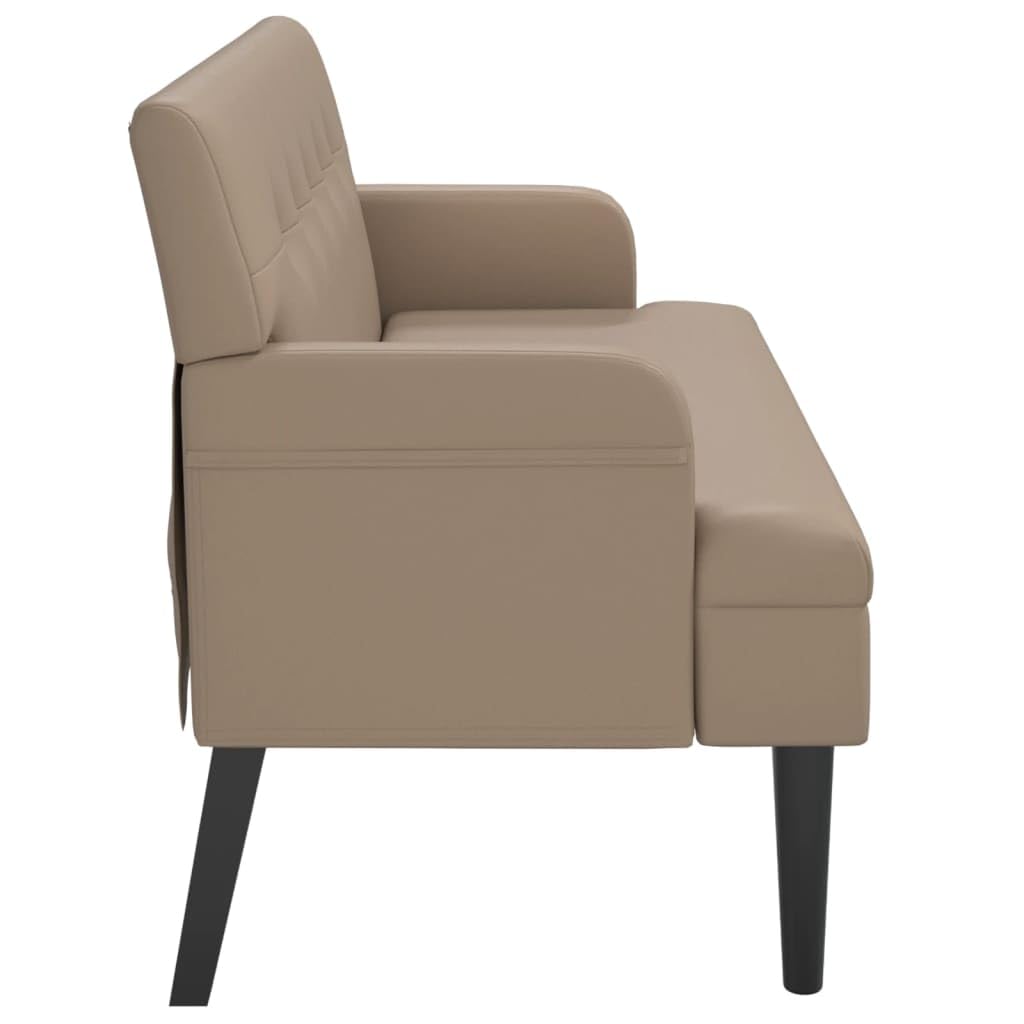 Banco con respaldo y reposabrazos, capuchino, 112 x 65,5 x 75 cm, piel sintética, asiento acolchado grueso, patas de madera de caucho maciza, estructura de madera contrachapada estable, hasta