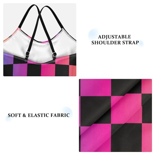 Black Rainbow Girls One Piece Swimsuits Squares Checkered Sport Halter Swimwear Beach Bathing Suit 5-6T3