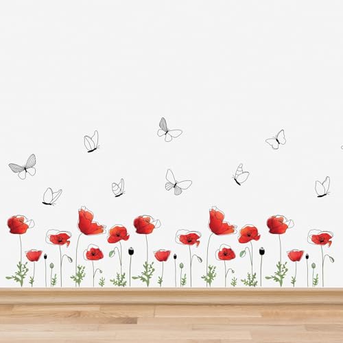 Wallflexi Adhesivos de Pared "Amapola Flores Rodapiés "Murales Extraíble Autoadhesivo Arte Cuarto Del Bebé Kindergarden Colegio Habitación Infantil Restaurante BAR Cafetería Hotel Oficina Decoración