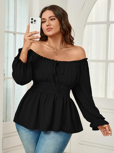 Womens Plus Size Tops Square Neck Long Sleeve Blouse Babydoll Ruffle Peplum Smocked Summer Top4
