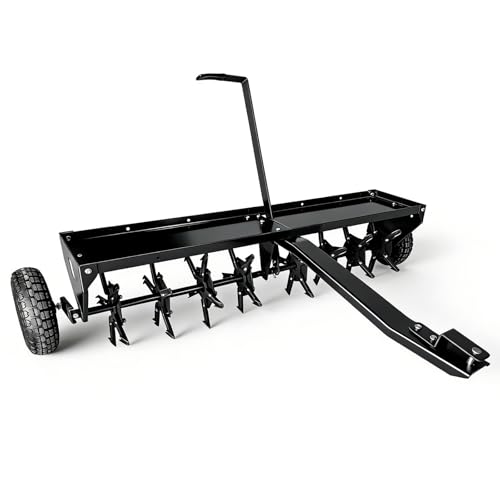Garvee 48 in Tow Behind Core Aerator for Lawn, Heavy Duty Pull Behind Plug Aerator with Universal Hitch, 3 in Spikes & Inflatable Wheels for Grass Yard Clay Soil, Black