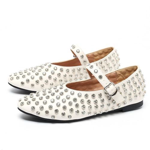 Women's Rhinestone Leather Fashion Mary Jane Flats with Buckle Strap Pointed Toe Non-Slip Lightweight Casual Ballerina Shoes for Fashion Show Traveling Shopping