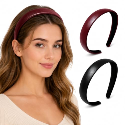 OGDE 2-Piece Red & Black Leather Headbands - Non-Slip Wide Padded Hair Accessories for Women Cute Fashion DIY Hair Hoops