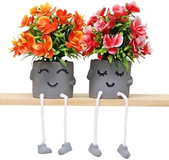 Zerzsy Cute Artifical Plants in Cement Pots, Small Fake Plants for Office Decorations, Mini Faux Succulents Flowers for Home Desk Shelf Decor-Set of 2