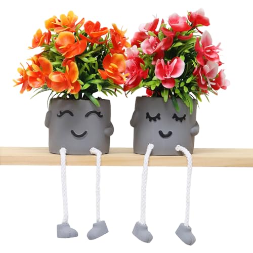 Zerzsy Cute Artifical Plants in Cement Pots, Small Fake Plants for Office Decorations, Mini Faux Succulents Flowers for Home Desk Shelf Decor-Set of 2