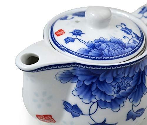 Image of Small Teapot 9oz Blue and White Porcelain Tea Pot with Stainless Steel Infuser Classical Chinese Penoy Flower (Peony)