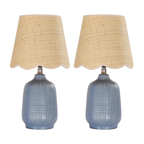 Pia Ricco Set of 2 19" Modern Ceramic Table Lamp for Living Room Gray Blue Base Desk Lamps for Bedroom Farmhouse Bedside Nightstand Lamp End Table Lamps,Bule,Rattan Shade