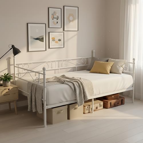 ZECIIYE Cama de día de metal 90 x 190 cm, cama individual, con elegantes patrones, cama con espacio de almacenamiento, cama de invitados, cama juvenil, sofá cama para dormitorio, salón, color blanco