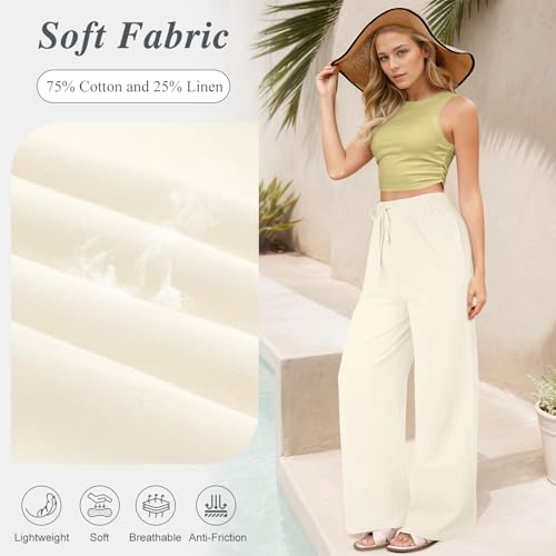 Womens Linen Pants Summer Wide Leg with Pockets Cotton Linen Palazzo Pants High Waist Drawstring Casual Lounge Pant3