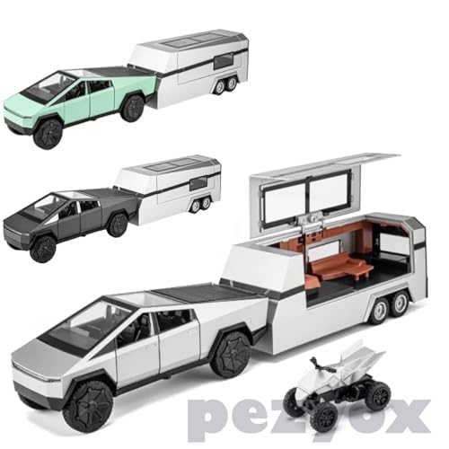 Image of 1:32 Scale Die-Cast CyberrTruck Pick-Up Trailer with 6 Openable Doors Pull Back Action,Lights & Music (Emerald Green)