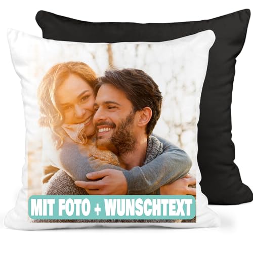 Manevito Kissen mit Foto [40 x 40cm] - personalisiertes Fotokissen mit eigenem Foto & Text selbst gestalten - Geschenkidee zu jedem Anlass weiß-schwarz
