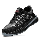 Annvia Stahlkappenschuhe für Damen und Herren, breite Passform, unzerstörbar, Arbeits-Sneaker, Sicherheitsschuhe, leicht, pannensicher, Verbund-Zehenschuh, Schwarz , 39 1/3 EU