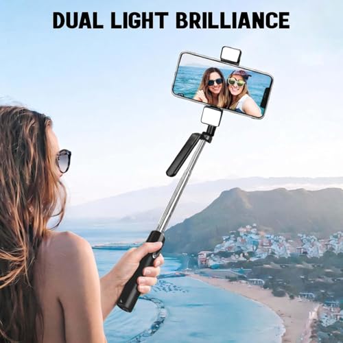 Image of EDNITA E16T Selfie Stick Tripod with Dual Light 67 inch /1.7m, 360 Rotation Grip Handle for Anti Shake Shooting, Multifunctional Bluetooth Tripod for Mobile Phone Vlogging, Live Stream and Travel
