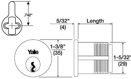 Yale 2153-E1R-626 1-1/8" Mortise Cylinder 0 Bitted with Yale Cam and 2 Key Blanks