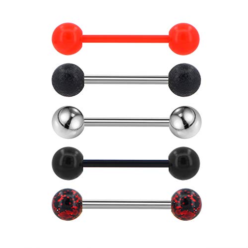 Jewseen 5PCS 14G 316L Stainless Steel Red Black Acrylic Balls Tongue Barbell Painting Tongue Rings Piercing