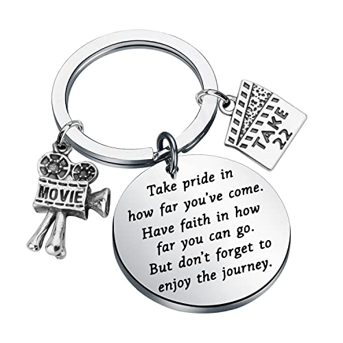 FUSTMW Movie Camera Keychain Film Director Student Gifts Filmmaker Gifts Take Pride In How Far You Have Come Keychain for Movie lover Gift (silver)