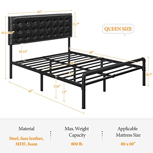Yaheetech Queen Size Bed Frame, Metal Platform Bed With Faux Leather Height-Adjustable Headboard/12 Inch Underbed Storage/Noise Free/No Box Spring Needed/Industrial Pipe Foot End, Elegant Black #TOP5