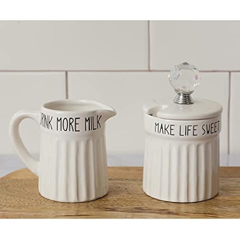 Orchid & Ivy Modern Set of Fluted White Ceramic Creamer and Sugar Pot w/ Lid and Crystal Gem Handle - Rustic Country Farmhouse Coffee and Tea Milk Pitcher and Sweetener Bowl for Kitchen Home Decor Cover
