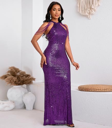 Image of Cololura Women Sexy Elegant Sequin Tassel Off Shoulder Halter Bodycon Maxi Dress Party Evening Gown Formal Dress