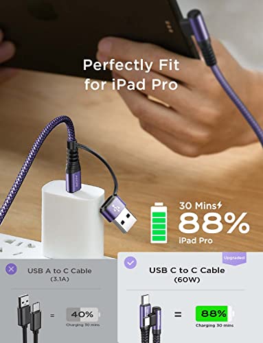 Image of AINOPE USB C Cale for iPhone 16 Charger Cord, 60W 4 in 1 Charging Cable for iPad and USB C Devices, Right Angle Type C Cord Carplay Cable Fit iPhone 16 Pro Series, 2 Pack 6.6Ft Purple
