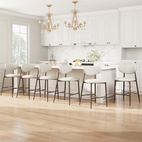 Image of MALOL Bar Stools Set of 6, Upholstered Counter Height bar stools with Backs and Metal Legs, Modern Kitchen Bar Stools for Kitchen Island, Counter, Beige