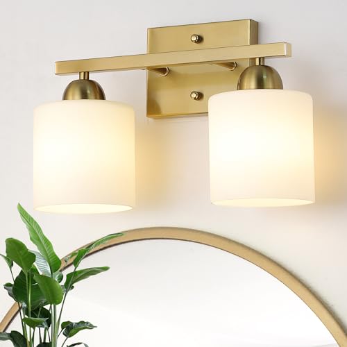 Mecgirn Stainless Steel Milk Glass Vanity Lights for Bathroom, 2 Light Gold Bathroom Light Fixtures Over Mirror, Ceramic E26 Sockets Wall Mounted by Mecgirn - Used condition - US$52.69