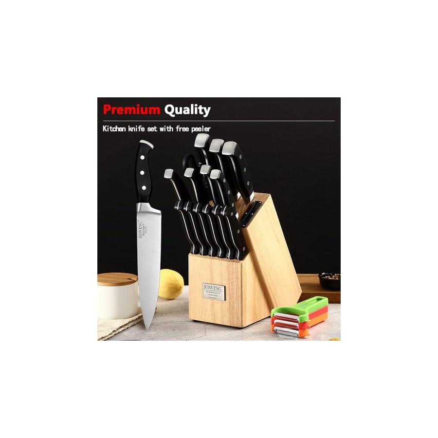 18-Piece Kitchen Chef's Knife Set Block Utensils Set with Peeler, German High Carbon Stainless Steel Razor-Sharp Blade with Ergonomic Handle, Professional Knife Block Set with Built-in Sharpener