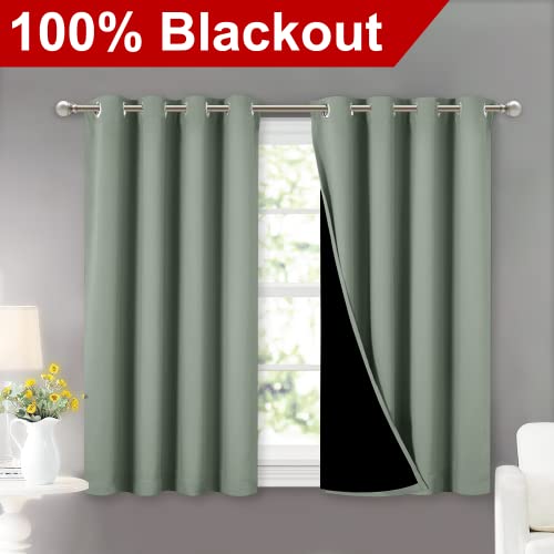 Image of NICETOWN Greyish Green 100% Blackout Curtains 45 inches Long, 2 Thick Layers Completely Blackout Window Treatment Thermal Insulated Lined Drapes for Small Window (1 Pair, 52 inches Width Each Panel)