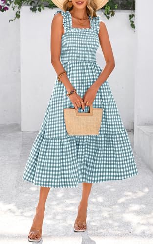 Image of PRETTYGARDEN Women's Summer Dress Casual Ruffle Strap Gingham Midi Sundress